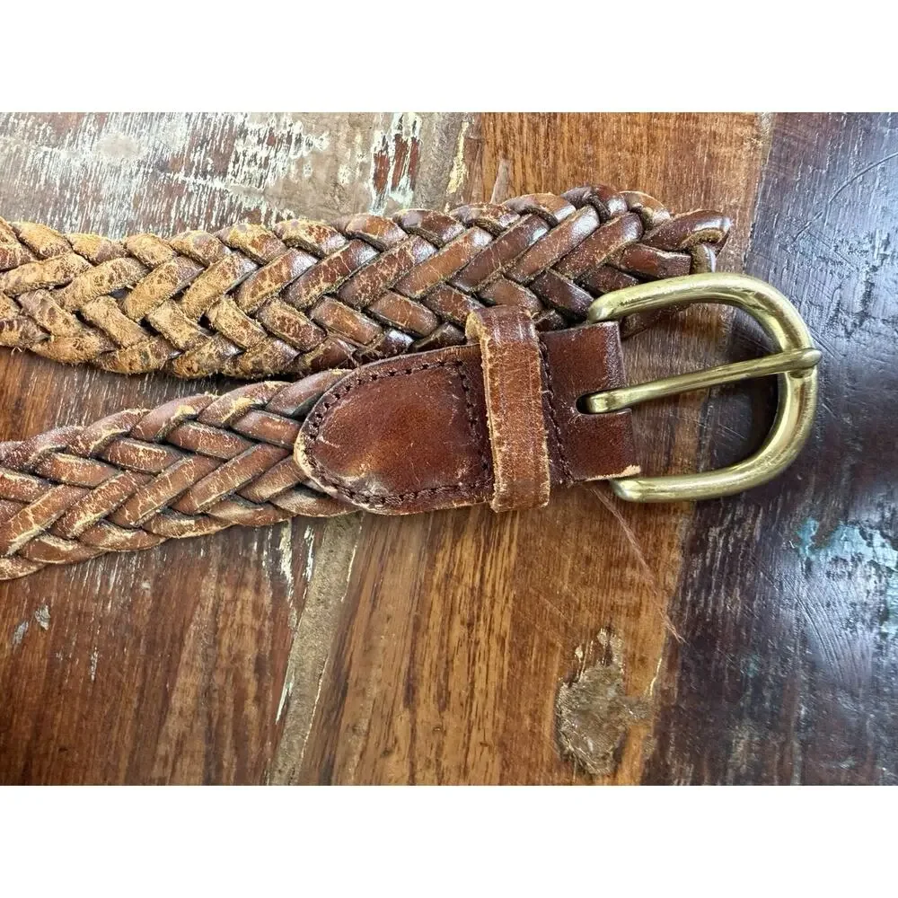 Vintage Brown Genuine Leather Braided Belt Size 36 Brass Buckle Boho Western